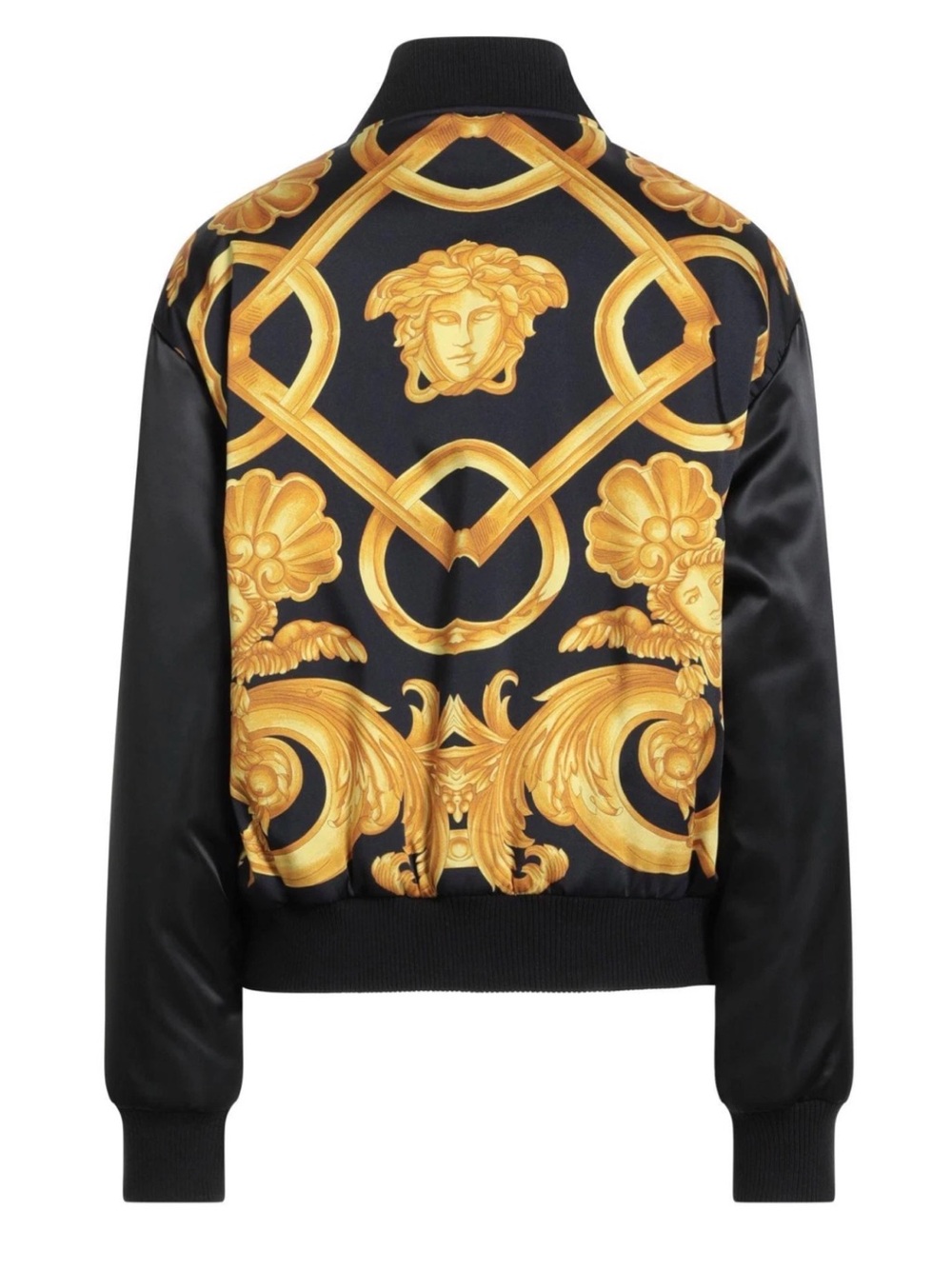 Versace Black Satin Bomber Jacket with Gold Baroque Print